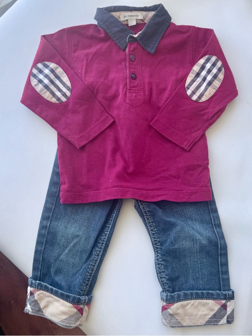 Burberry set Polo shirt red + pants jean elastic belt 12/18 months vintage